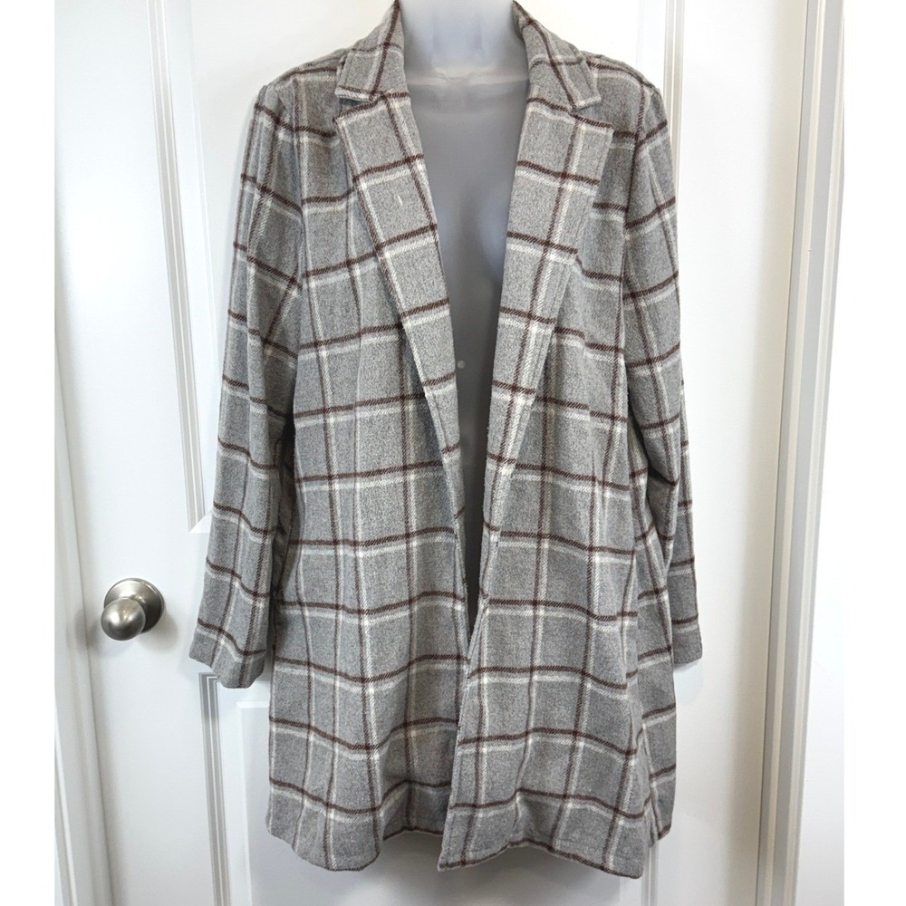 Potters Pot Womens L Gray Wool Shacket Windowpane Plaid Coat Dark Academia